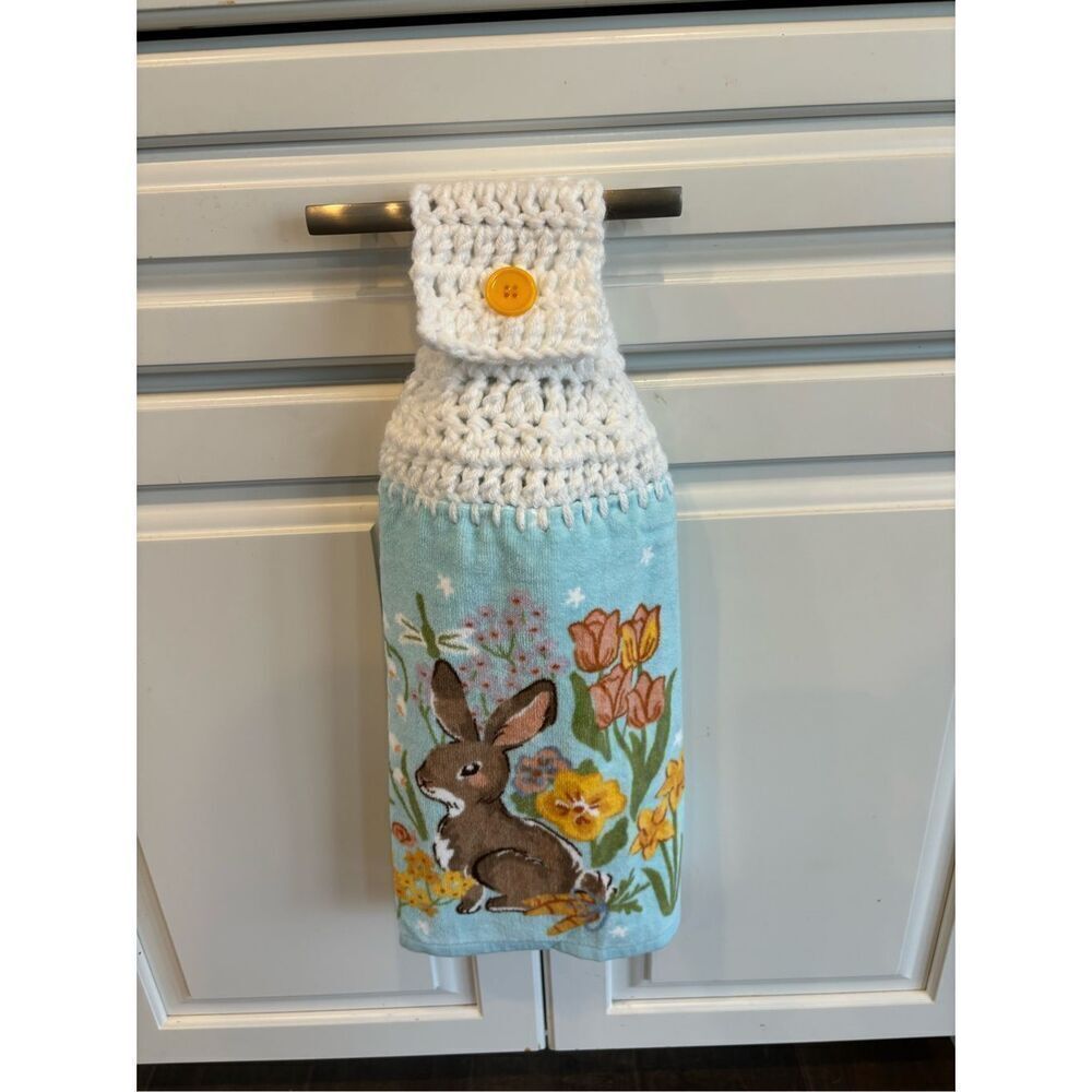 Crochet Top Kitchen Towel-Spring bunny with flowers